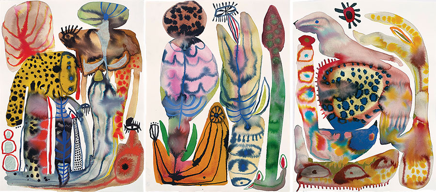 All the Living Things IV, Sunflowers, and Sun and Birds, mixed-media artworks by Emma Larsson, whose work is on view at Simard Bilodeau Contemporary, in Los Angeles © The artist. Courtesy Simard Bilodeau Contemporary, Los Angeles